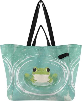 Generic Green Frog print Reusable Canvas Tote Bag, Heavy Duty Grocery Shopping Bag with Hard Bottom Double Handles Large Capacity Work Groceries Travel