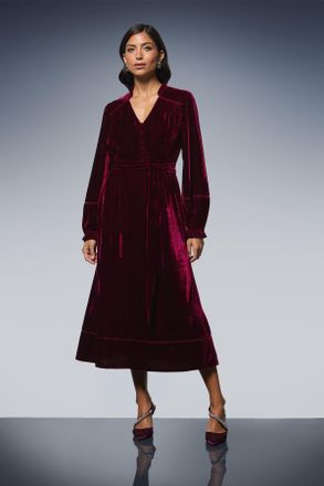 Wallis Womens Velvet Tie Belt Button Down Midi Dress - Berry - Size 20 UK