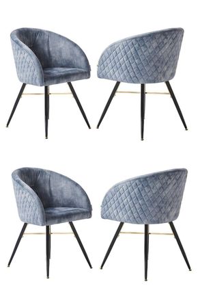 Life Interiors Set of 4 Vittorio Velvet Dining Chairs with Black Metal Legs, Quilted Design Modern Accent Chair in Grey