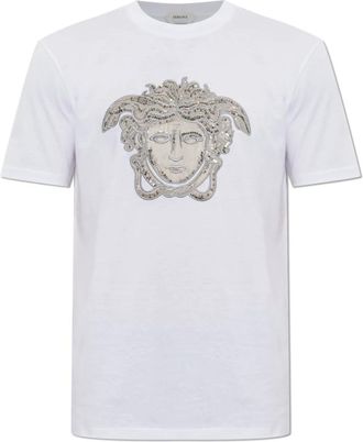 Versace Katoenen T-shirt met glinsterende kristallen - Heren - T-shirts - Wit - S - Katoen - Tops