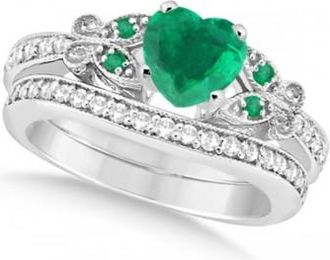 Allurez Butterfly Genuine Emerald & Diamond Heart Bridal Set 14k Gold 1.53ct