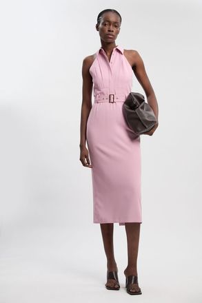 Karen Millen Womens Twill Contrast Collar Woven Halter Neck Midi Dress - Pink - Size 10 UK
