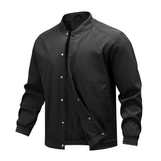 AlltheMen Mens Casual Smart Jacket Stand Collar Button Down Outerwear Lightweight Summer Bomber Jackets Outdoor Black L