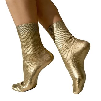 Generic Metallic Silk Sock, Elegant Luxury Shiny Foil Glitter Ribbed Socks, Soft Ribbed Fit, All-Season Temperature (Gold)