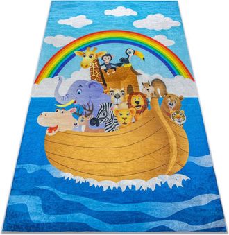 RugsX Alfombra Lavable Bambino 2685 Animales, Bote Para Ni&ntilde;os Antideslizante - Azul / Marr&oacute;n Blue 140x200 Cm