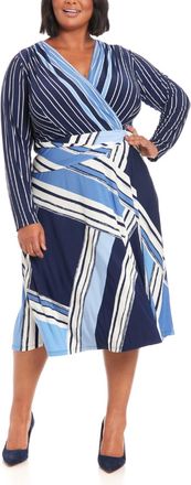 London Times Side-Twist Wrap Design Silhouette Dress In Ivory Blue