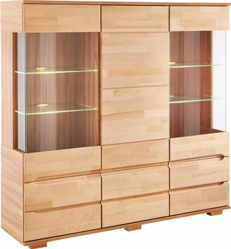 HOME AFFAIRE Highboard »Vetro,150cm breit,40 cm tief,Fronten Massivholz,9 Fächer« Kernbuche massiv, Holzwerkstoff, 3Türen,6 Schubladen, Griffmulden