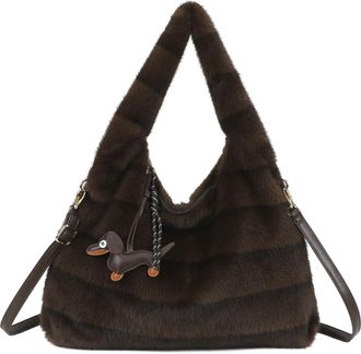 Generic Womens Fluffy Faux Fur Hobo Shoulder Bag with Detachable Dog Charm - Soft Plush Handbag with Long Strap, Top Zip Closure & Gold Tone (Coffee)