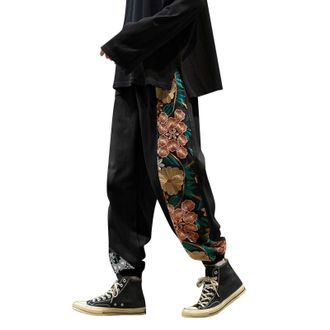 Generic Mens Embroidered Harem Trousers Hippie Casual Boho Yoga Trousers Japanese Style Loose Straight Leg Lounge Jogger Sweatpants Ankle Length Pants with Po