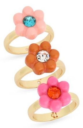 Nordstrom Rack Set of 3 Crystal & Resin Flower Rings in Pink Multi- Gold at Nordstrom Rack, Size 9