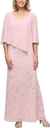 S.L. Fashions Cape Sleeve Floral Glitter Mesh Gown in Blush at Nordstrom, Size 12P