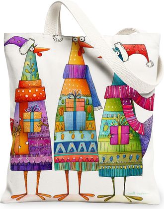 Generic Christmas Colorful Canvas Tote Bags, Fun Bird Pattern Reusable Grocery Bags, Festive Vintage Lightweight Washable Shoulder, White, 13x15 Inch