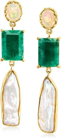 Ross-Simons Opal, 8x26mm Cultured Baroque Pearl and Emerald Drop Earrings in 18kt Gold Over Sterling