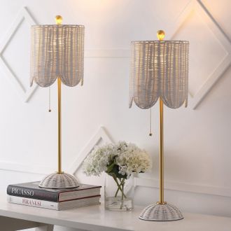 Jonathan Y Designs Celerie 27.5 Coastal Bohemian Rattan/Iron Scalloped Buffet LED Table Lamp with Pull Chain, Natural/Brass Gold (Set of 2)