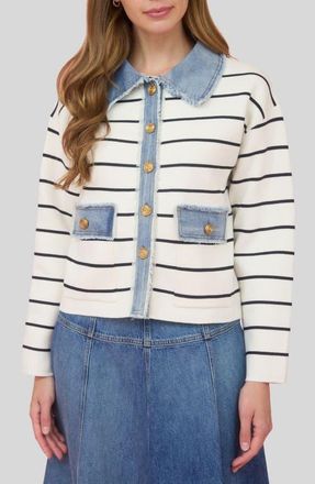 ZOE AND CLAIRE Stripe Mixed Media Jacket in Ivory/Black at Nordstrom, Size Small
