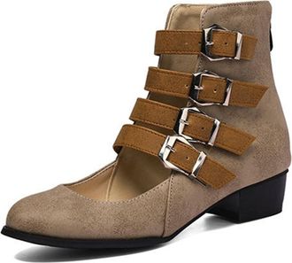 Generic Womens Fashion Buckle Strap Low Top Round Toe Mary Jane Ankle Booties Low Block Heels Vintage British Style Pumps Shoes (5.5,Apricot)
