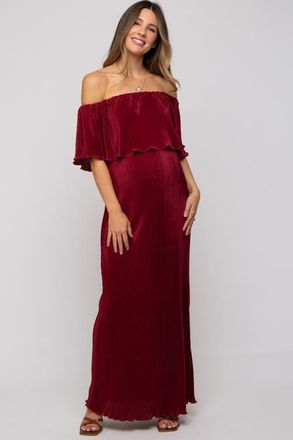 Pinkblush Pleated Ruffle Off Shoulder Maxi Dress in Burgundy at Nordstrom, Size Medium