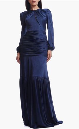 Dress The Population Lucille Pleated Ruched Long Sleeve Gown In Midnight Blue