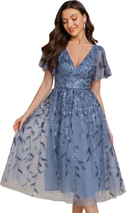 Ever-pretty Prom Dress Leaf Sequin Short Sleeve Tulle Midi Wedding Guest Dress Dusty Blue 12UK