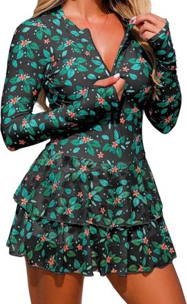 Generic Women Modest Swimwear Zipper One Piece Long Sleeve Rash Guard UV Protection Sports Surfing Swimsuit Tummy Control Swimming Costume Diving Suit Athleti