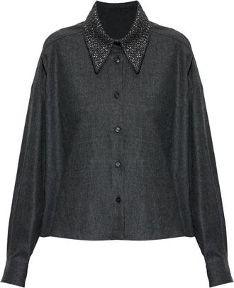 Fabiana Filippi Wol T-shirt met Decoratieve Kraag - Dames - Overhemden - Grijs - S - Wol - Overhemden