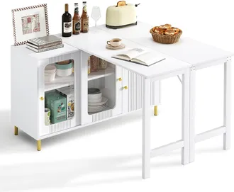STILVORA Aparador Con 2 Puertas Correderas, 2 Cajones Y Encimera Plegable Extensible En Mdf, Blanco, 116x40x78.5 Cm