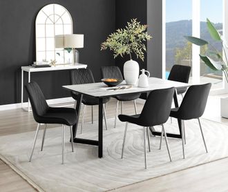 Furniturebox Carson White Marble Effect Dining Table & 6 Pesaro Silver Chairs in Black