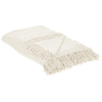 Beliani Colcha Decorativa Para Cama Con Borlas Fabricada En Algod&oacute;n En Color Blanco Crema 220 X 240 Cm Yerbent