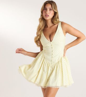 Lounge Plunge Minijurk met kantrand - Citroen Polka Dot - 34