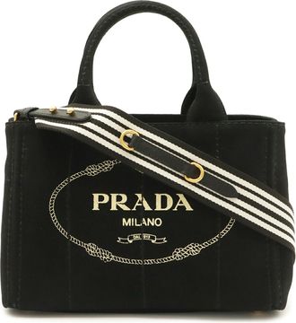 Prada Canapa Black Ivory Nero Talco Canvas Shoulder Bag Tote Bag (Pre-Owned)