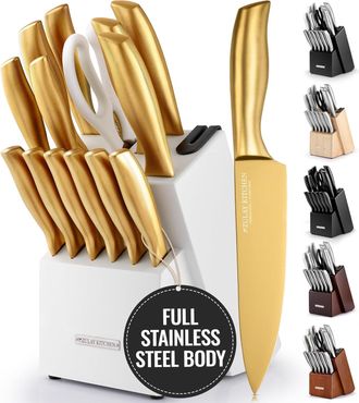Zulay Kitchen 15 Piece Stainless Steel Knife Set with Block and Sharpener