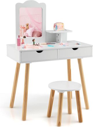 Costway Costway - 2 In 1 Set Toeletta Per Bambini, Postazione Trucco In Legno Con Sgabello, Specchio Rettangolare Staccabile E 2 Cassetti Capienti, Ideale Per
