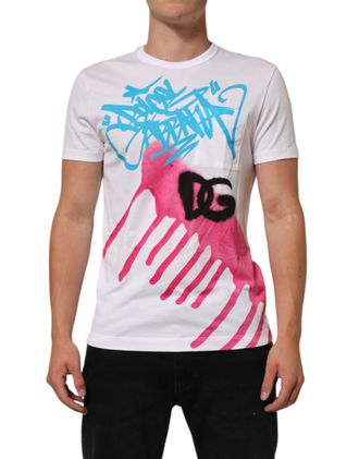 Dolce & Gabbana White Graphic Print Cotton Crew Neck Mens T-shirt