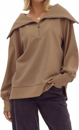 Entro Solid Ribbed Half-Zip Long Sleeve Top In Mocha