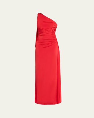 Ronny Kobo Draped One-Shoulder Jersey Column Gown