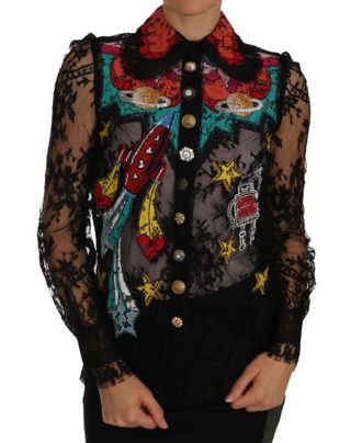 Dolce & Gabbana Zwarte Kanten Kristallen SPACE Shirt