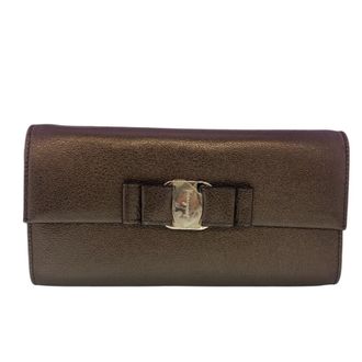 Ferragamo Gray Leather Long Wallet (Bi-Fold) (Pre-Owned)