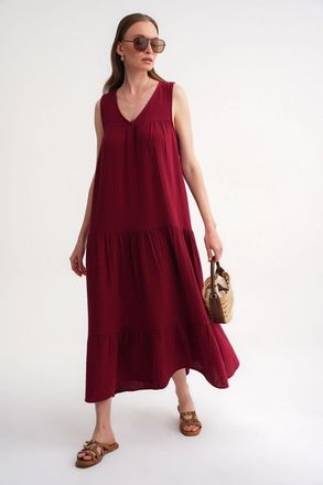 Mixray Mouwloze V-hals Muslin Midi Jurk met Zakken