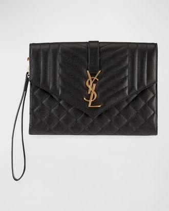 Saint Laurent Envelope Flap YSL Clutch Bag in Grained Leather