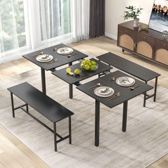 Costway Costway 3 Pcs 160cm Dining Table Set for 4 6 Extendable Kitchen Table Set with 2 Benches in Black