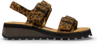 FLY London Fly London Womens HEIF558FLY Cheetah Tan Leather Wedge Buckle Sandals