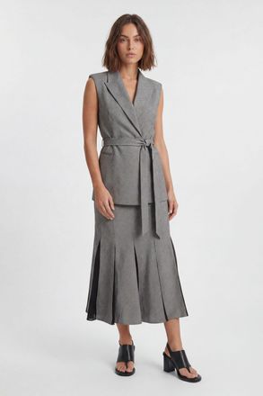 Karen Millen Womens Petite Soft Tailored Check Godet Detail Midi Skirt - Grey - Size 12 UK