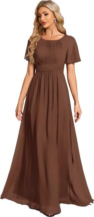 Ever-pretty Womens Maxi Bridesmaid Dress with Ruffles Sleeve Pleated Elegant Chiffon Brown 8