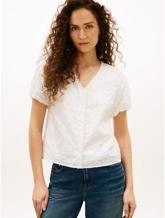 Tommy Hilfiger Womens Embroidered Eyelet V-Neck Shirt - White - XXS