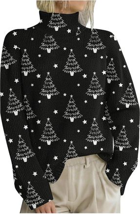 Generic Christmas Jumpers for Women UK Casual High Neck Christmas Sweater Fall Winter Elegant Funny Xmas Tree Snowflake Reindeer Printed Chunky Knitted Jumper