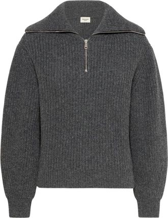 Max Mara Trui met col van pure wol met halve metalen ritssluiting- volledig gebreid in popcornsteek - Dames - V-hals truien - Grijs - L - Wol - Truien & Vesten