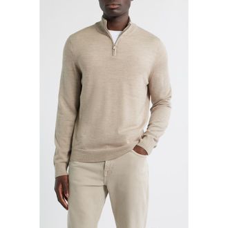 Nordstrom Washable Italian Merino Wool Quarter Zip Sweater in Tan Cobblestone Heather at Nordstrom Rack, Size Large