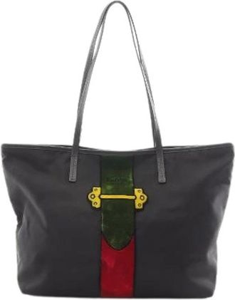 Prada Pre-owned Tote Bags, female, Multicolor, Size: ONE SIZE Pre-owned Cahier Trompe Loeil Nylon Saffiano Leather Tote Bag