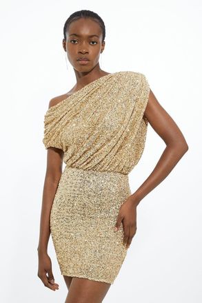 Karen Millen Womens Draped One Shoulder Jersey Stretch Sequin Mini Dress - Gold - Size Large