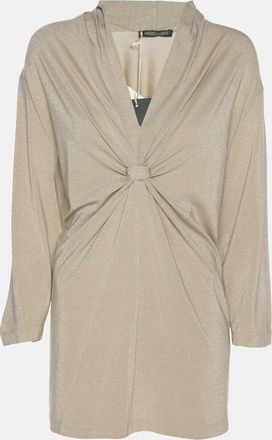 Marina Rinaldi Metallic Beige Lurex Knit Knot Front Shirt